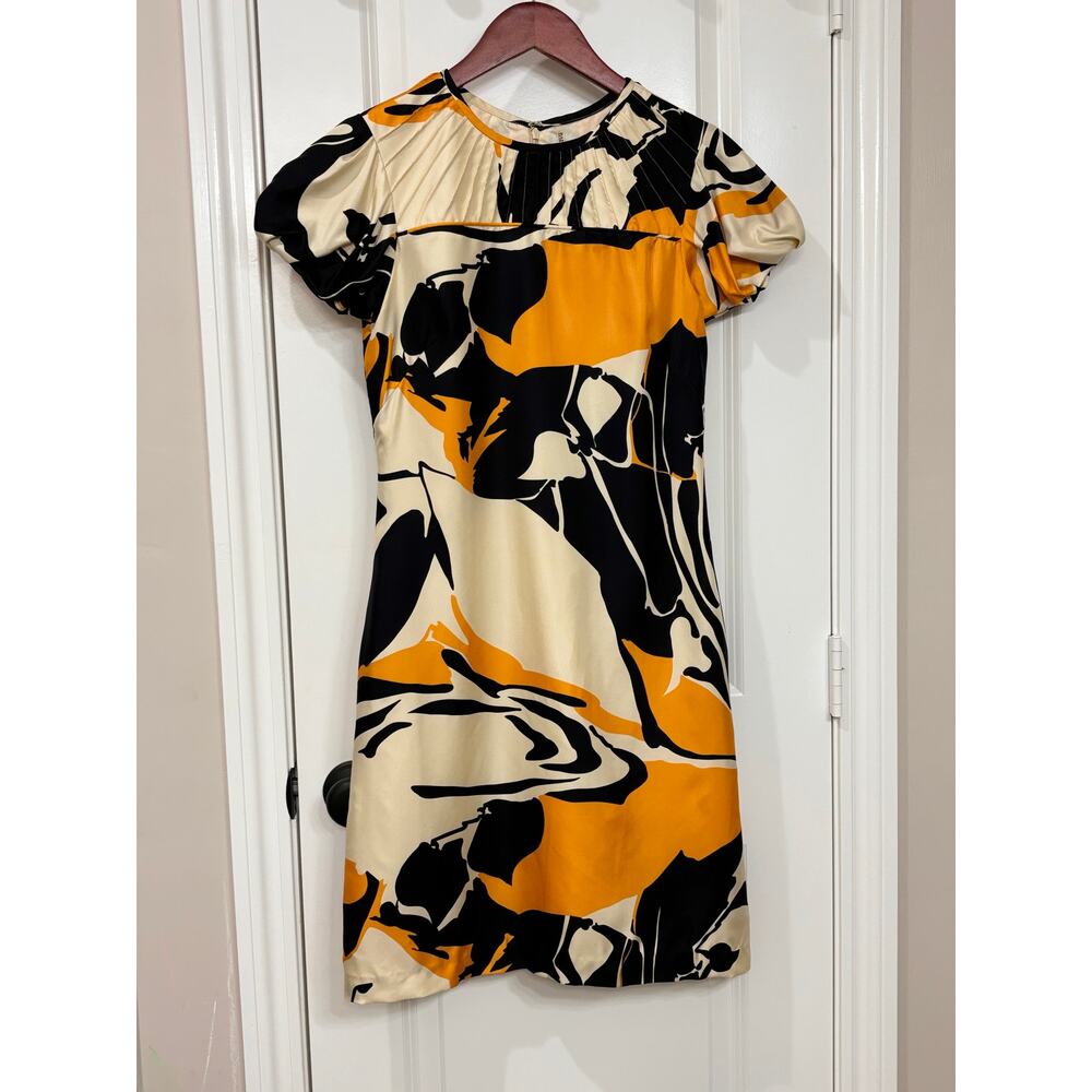 Badgley Mischka Abstract Floral Silk Pintuck Poof Sleeve Dress Sz S Artsy Y2K